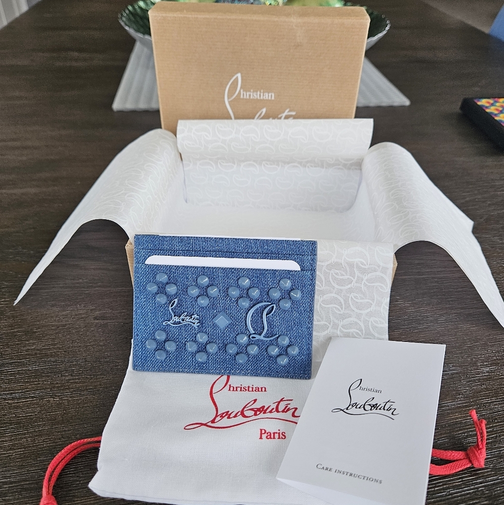 Christian Louboutin Denim Blue Studded Card Holder NIB